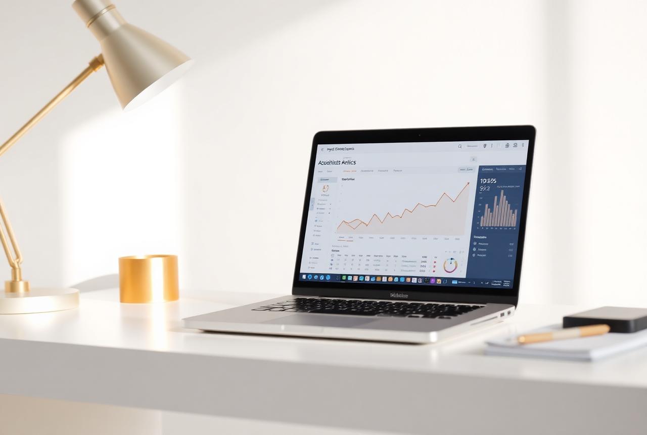 Helles Studio-Setup mit Laptop und Analytics-Dashboard eines M.A.T.A. Projekts