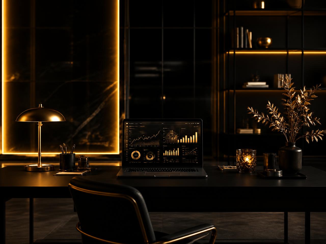 Premium Büro von M.A.T.A. mit Laptop und Automatisierungs-Kennzahlen in Gold